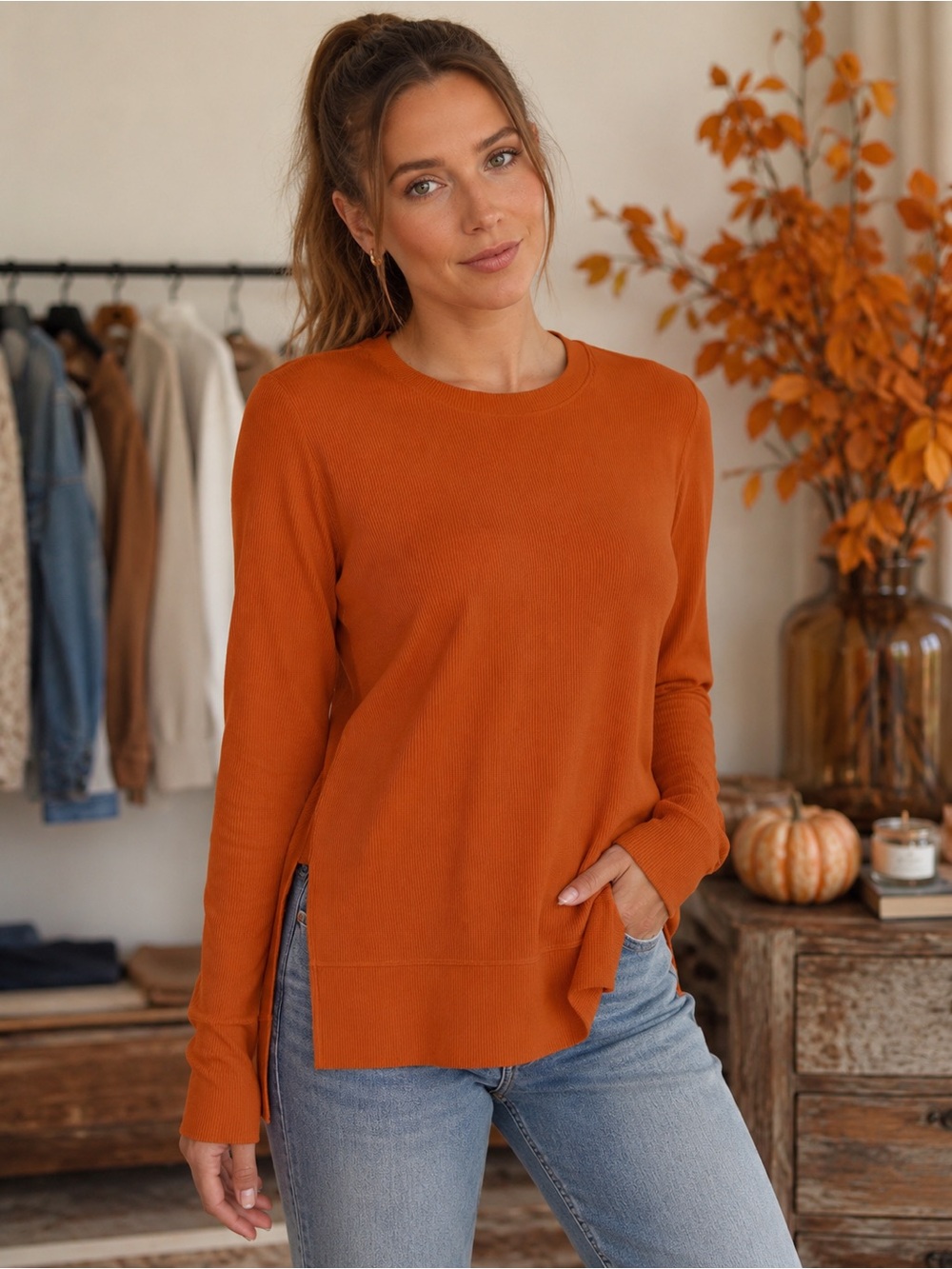 F0134. Thrive Societe | Side Slit Pullover - Amber - xs